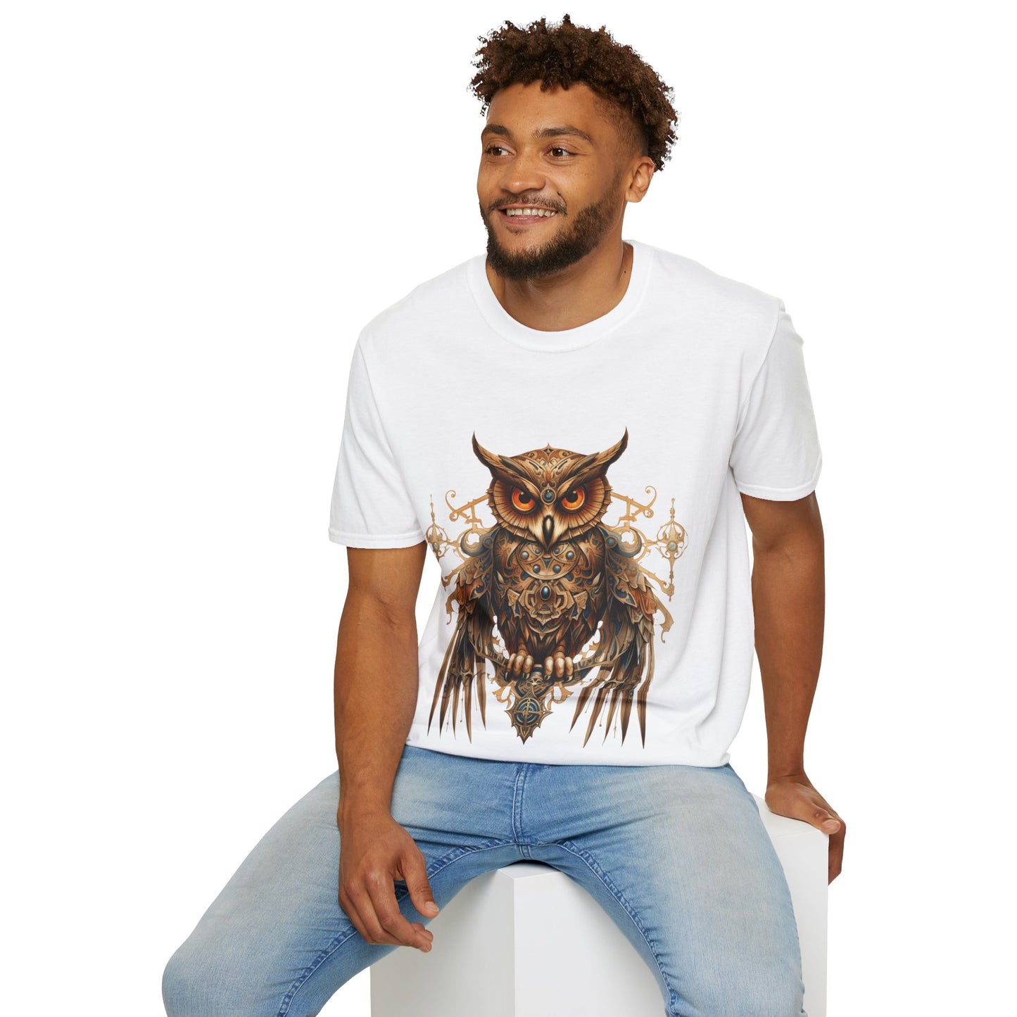 Steampunk Art Deco Style Owl II, Golden Owl Shirt, 1920's Owl  Gift  Unisex Tee Shirt, T-Shirt Softstyle T-Shirt Tee Teeshirt