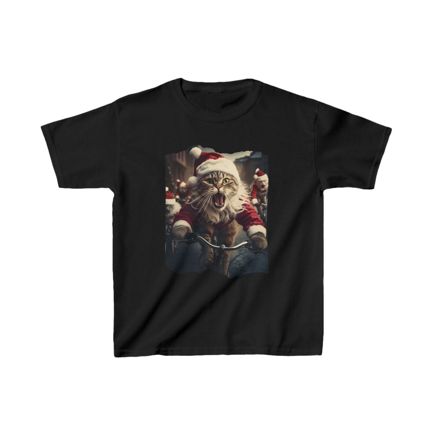 Screaming Cats on Bikes, Kids Cat Graphic Tee - Vibrant Santa Cat Design for Young Adventurers