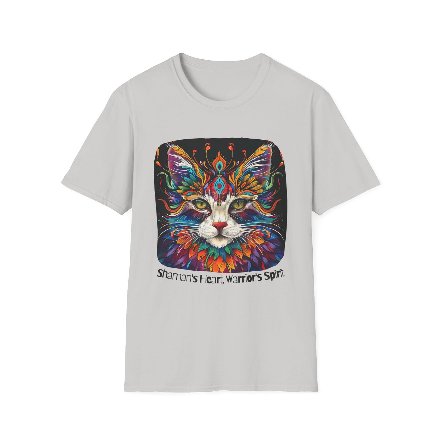 Shaman's Heart, Warrior's Spirit Graphic Cat Tee, Cat Lover's Graphic Tee Graphic Unisex T- Shirt, T-Shirt Cat Lovers Gift  Softstyle T-Shirt Tee Teeshirt Stylized Cat