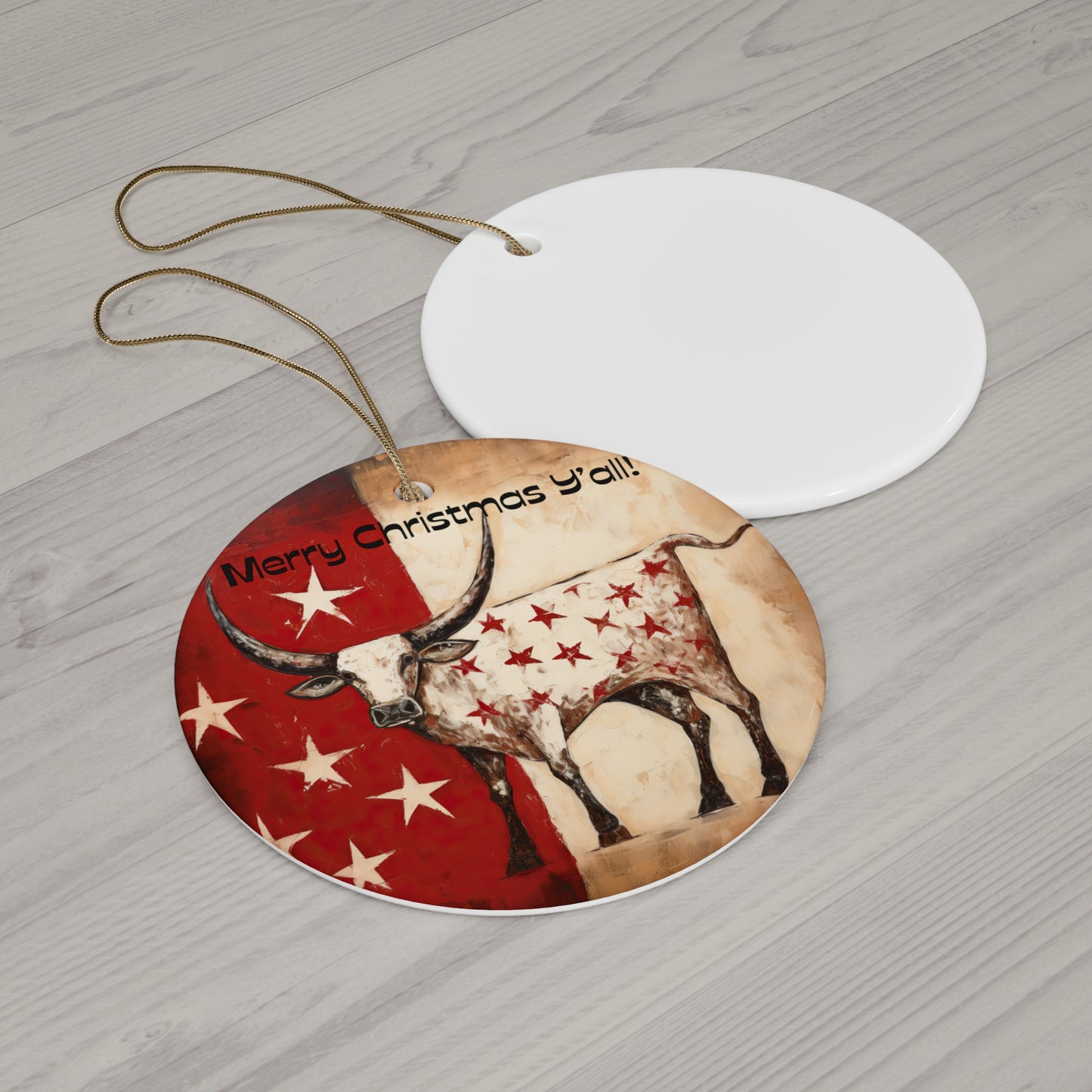 Texas Longhorn Cattle Stars Christmas Greeting Ceramic Tree Ornament. Merry Christmas Y'all  Happy Holiday Southern Greeting Gift