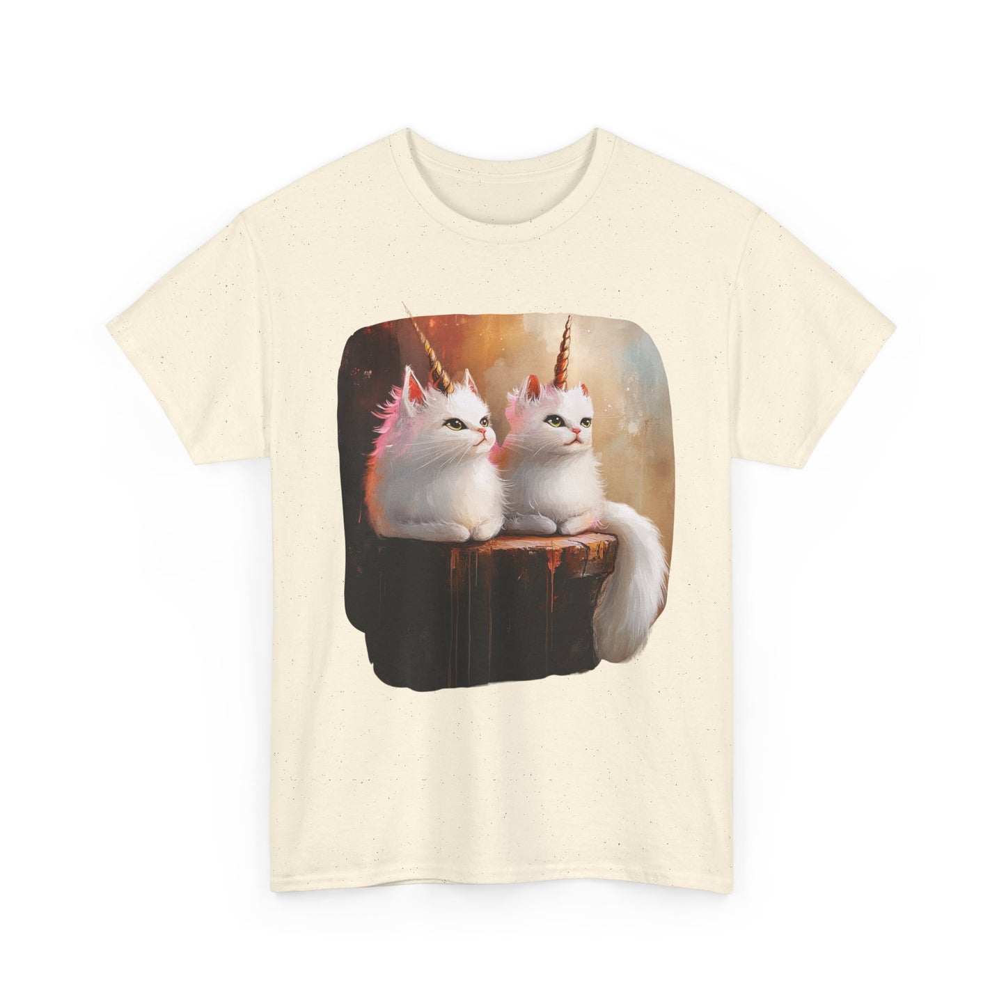 Fluffy White Kawaii Unicorn Cat Graphic Tee -  Cat Unicorn Mythical Creature Gift Unisex Adult Size Heavy Cotton Tee T-Shirt