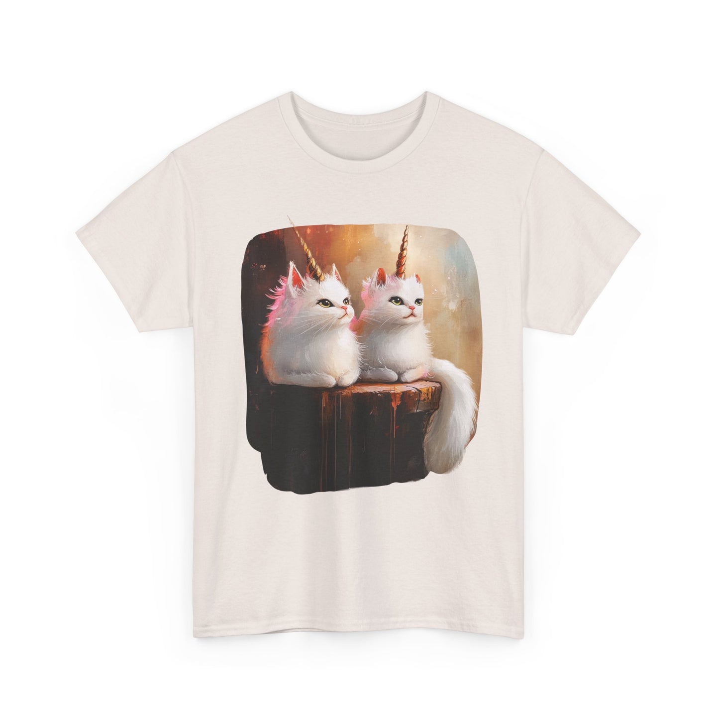 Fluffy White Kawaii Unicorn Cat Graphic Tee -  Cat Unicorn Mythical Creature Gift Unisex Adult Size Heavy Cotton Tee T-Shirt