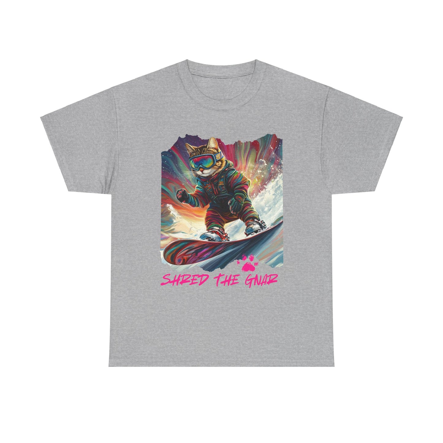 Shred the Gnar - (Ver3) Snowboard Shredding Cat Graphic Tee, Winter Cat Art Gift   -  Cool Cats Unisex Heavy Cotton Tee T-Shirt