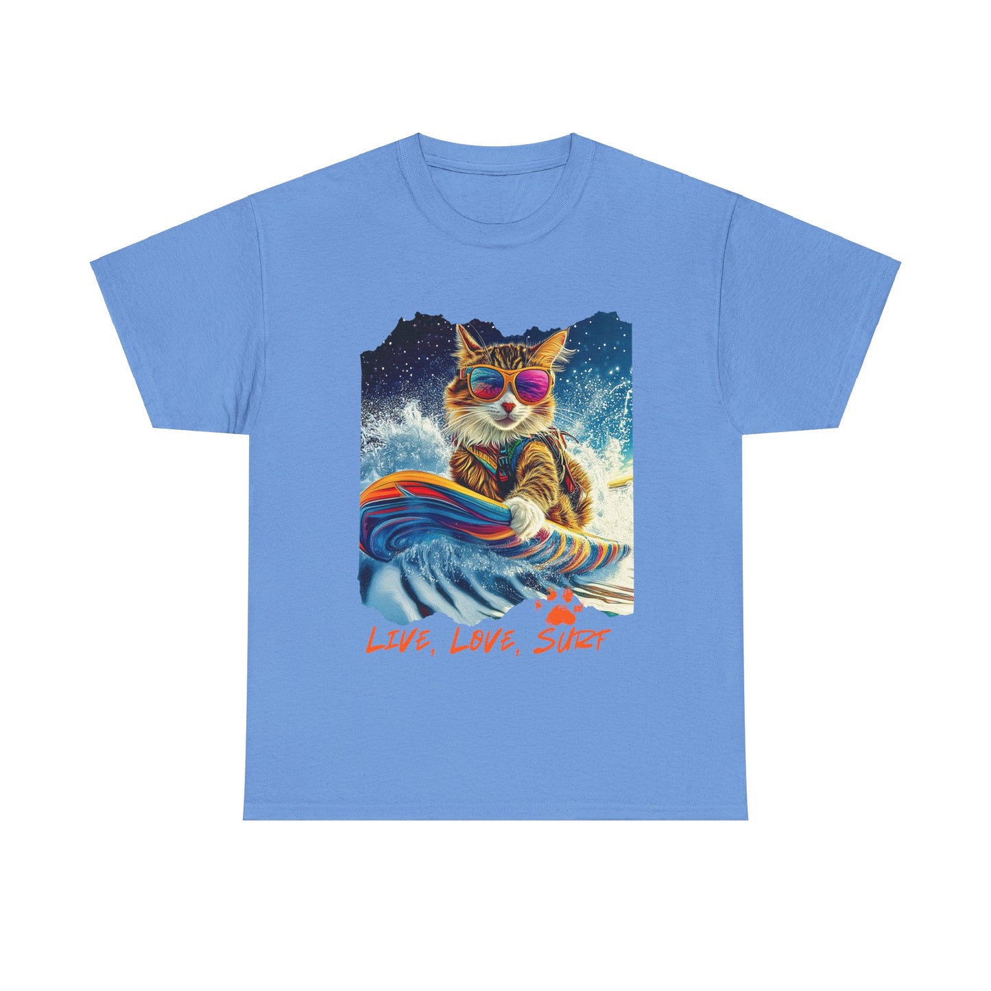 Live, Love Surf - Surfer Cat Graphic Tee, Cat on Surfboard  reads "Live, Love Surf"  Surf Life Cat ,Art Gift   -  Cool Cats Unisex Heavy Cotton Tee T-Shirt