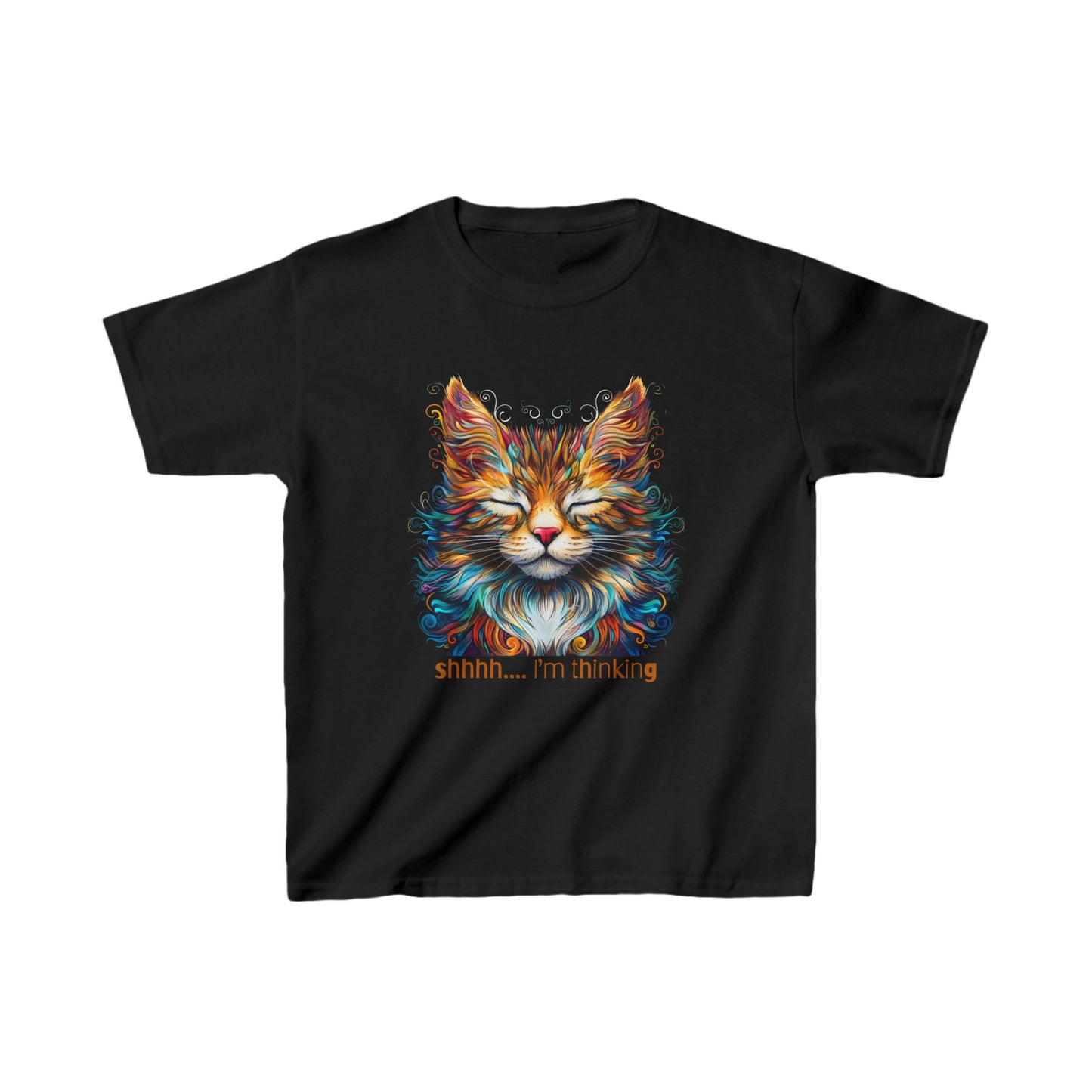 Kids - Thinking Cat Graphic Tee - Vibrant Cute Cat Design for Young Adventurers