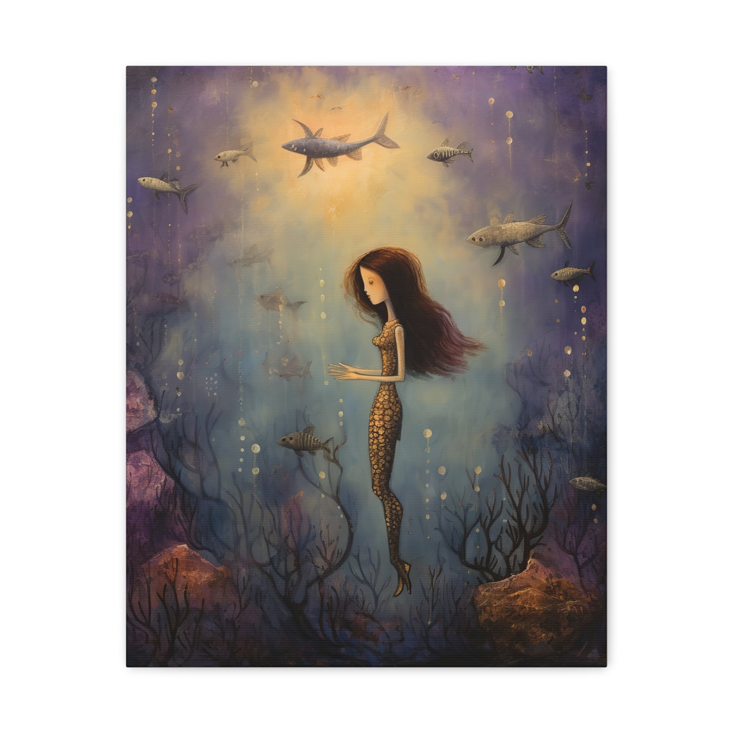 Purple Mermaid Underwater Scene, Mermaid Gift, Kids, Fantasy Mystical Fish Wall Art, Canvas, Flower Gift, Wall Art Painting Pastel