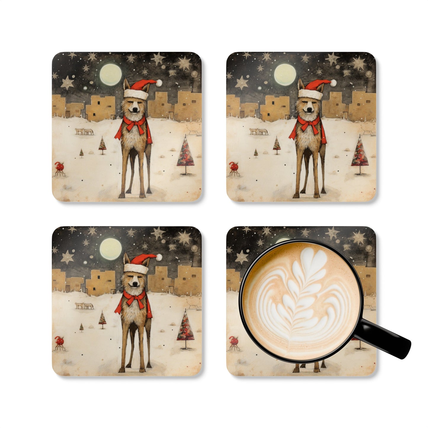 Christmas Hat Coyote, Santa Fe Christmas Adobe Houses, Snowy Christmas in New Mexico, Arizona, Home Decor, Holiday, Corkwood Coaster Set