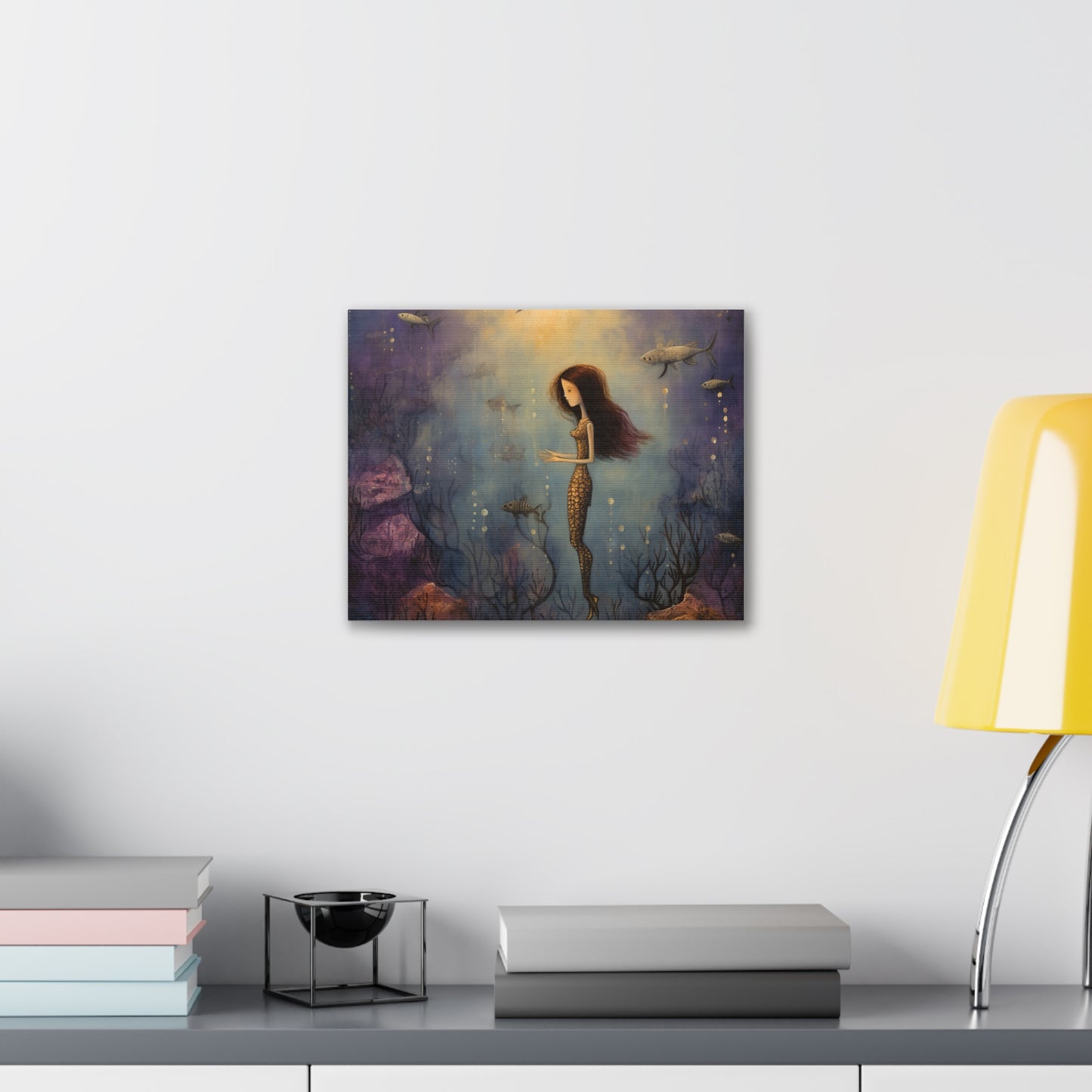 Purple Mermaid Underwater Scene, Mermaid Gift, Kids, Fantasy Mystical Fish Wall Art, Canvas, Flower Gift, Wall Art Painting Pastel