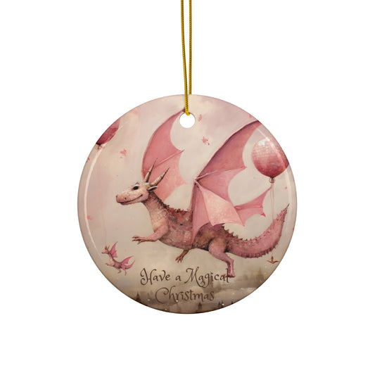 Pink Flying Dragon Dinosaur- Christmas Dragon Ceramic Tree Ornament -  Magical Dragon Dinosaur Kids Ornament Gift