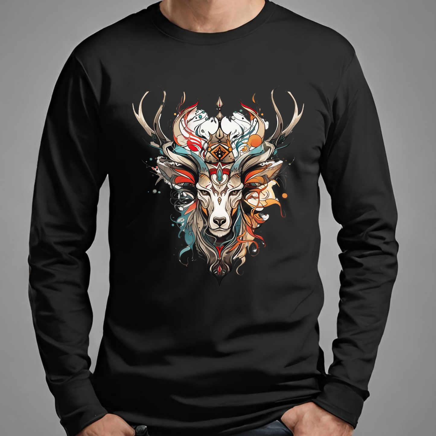 Reindeer Shirt,  Deer - Reindeer, Lover's  Gift  Unisex Jersey Long Sleeve Tee Shirt, T-Shirt, Exotic or Tribal Reindeer