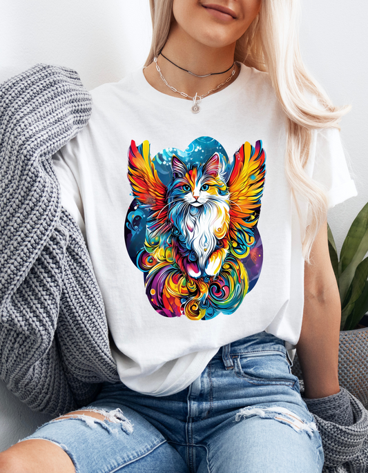 Tattoo Style Cat Angel, Cat Memorial - Cat with Angel Wings Graphic Tee-  Cat Gift Unisex Heavy Cotton Tee T-Shirt