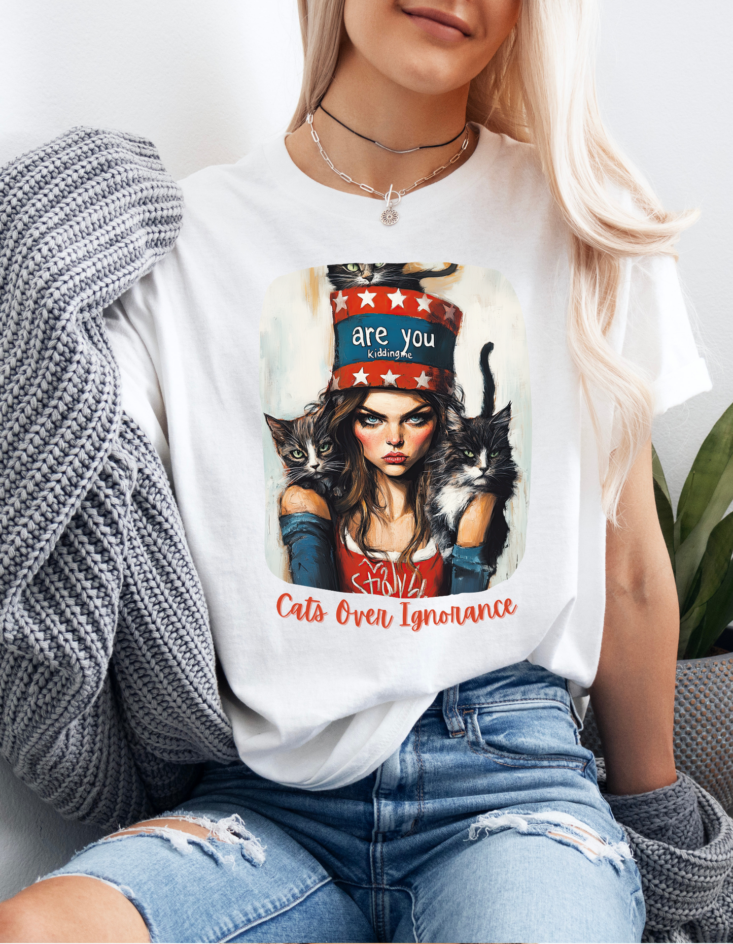 Childless Cat Lady Shirt - "Cats Over Ignorance" -(V 2) Say NO to Ignorance- Unisex Heavy Cotton Tee