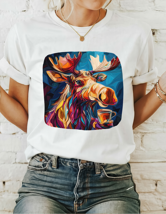 Moose and Coffee, Boho Painterly Coffee Moose  - Moose Lover Unisex Heavy Cotton Tee T-Shirt