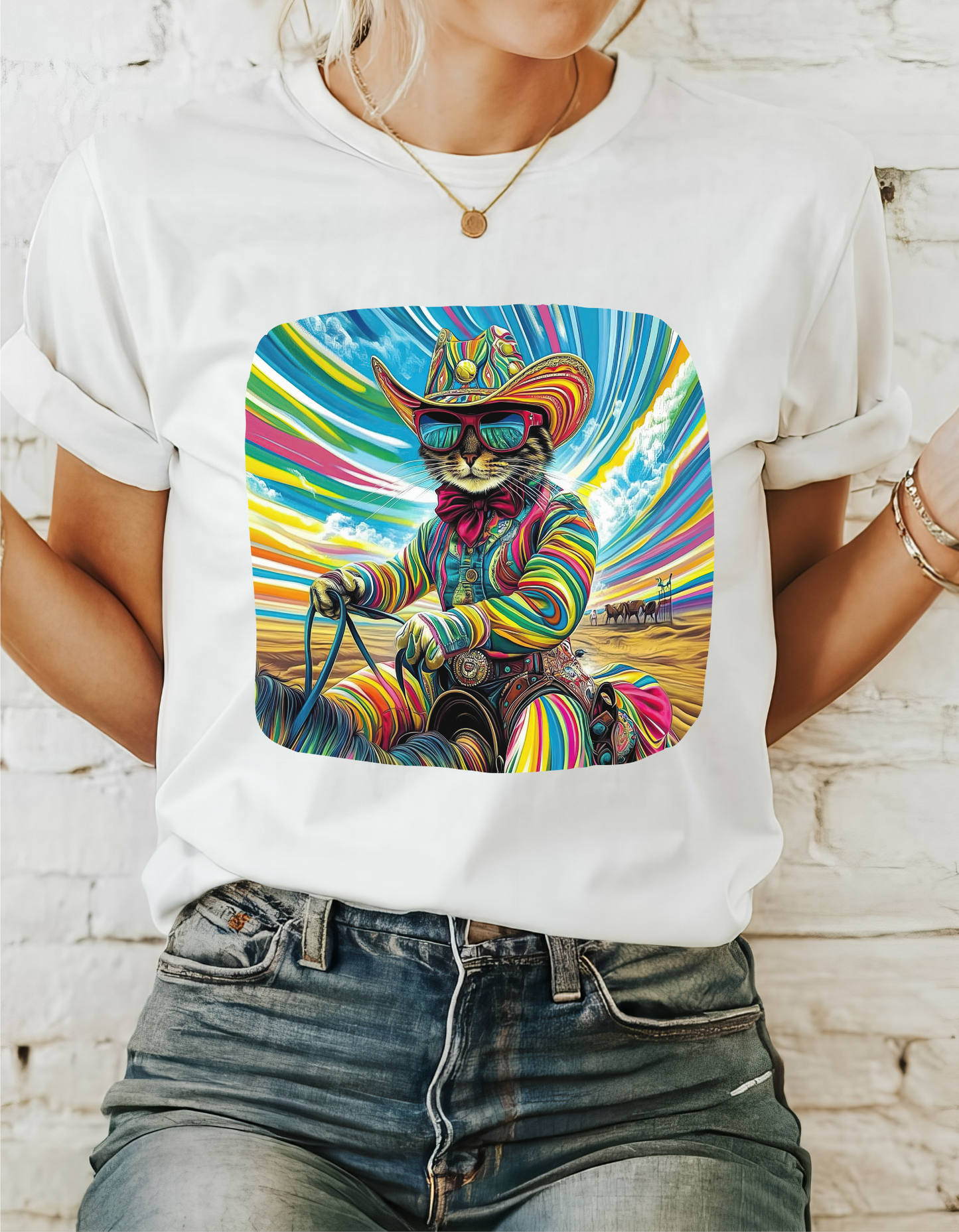 Cowboy, Cattle Rancher Cat Shirt - Graphic T-  Cat Art Gift   -  Cool Cats Unisex Heavy Cotton Tee T-Shirt