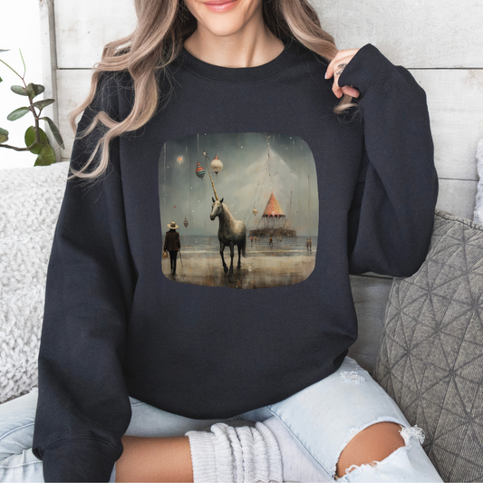 Unicorn on a Pier, Lone Unicorn Holiday Sweatshirt, Whimsical HolidayUnicorn Gift,  Christmas Shirt Unisex Sweatshirt Sweat Shirt