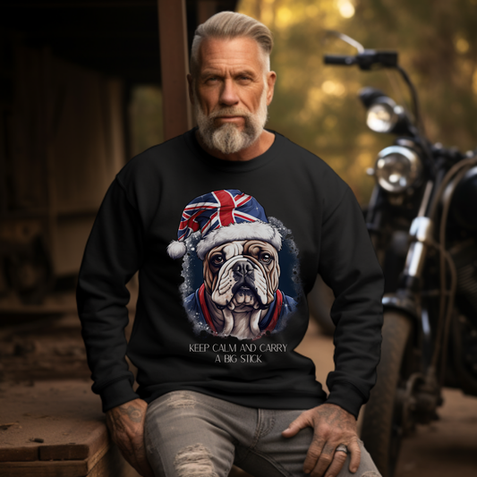 British English Bulldog - Keep Calm and Carry a Big Stick Union Jack Unisex Long Sleeve Jersey Cotton Shirt Mens Women Sweatshirt Sweat Shirt