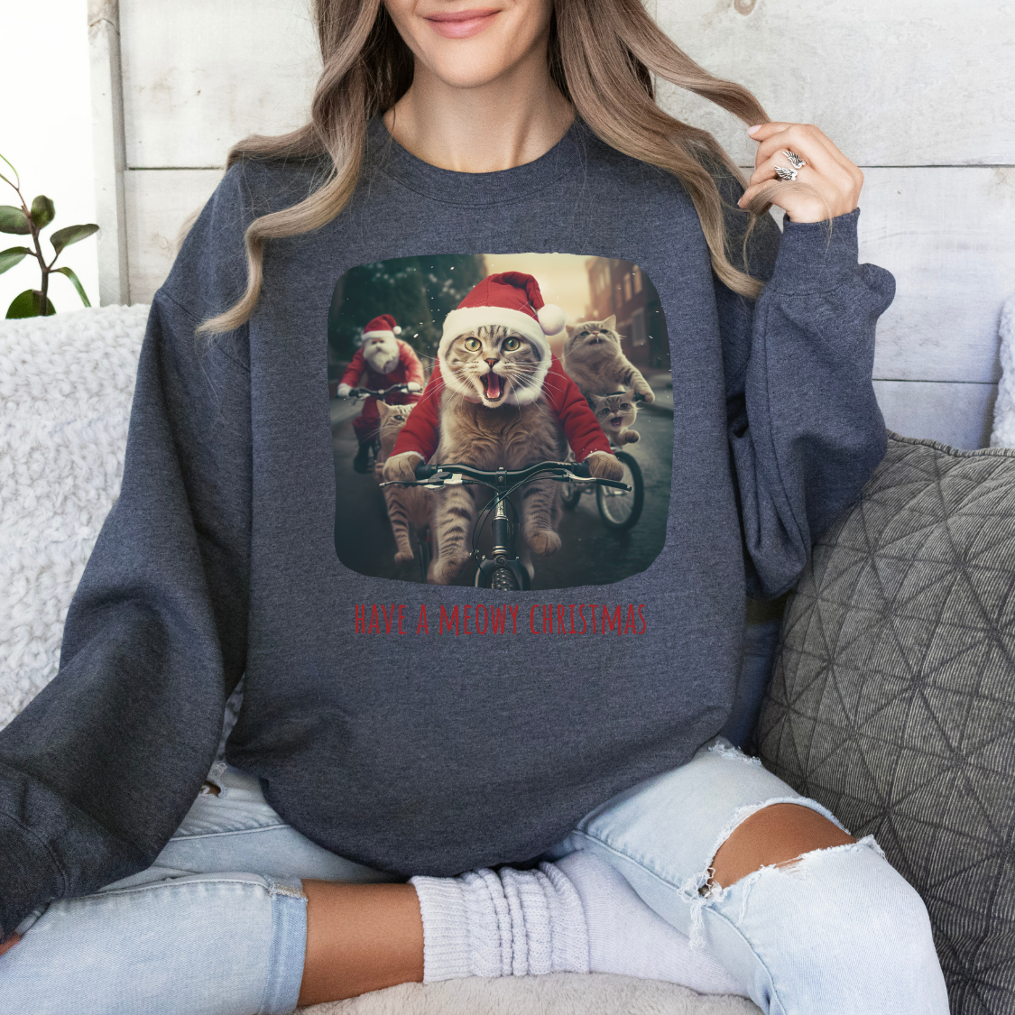 Meowy Christmas Cat, Cat Lovers Gift, Kitty Cat Christmas Shirt Unisex Sweatshirt Sweat Shirt,  Many Colors