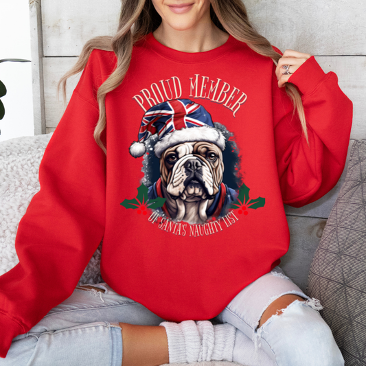 Santa's Naughty List British English Bulldog Anglophile  Christmas Unisex Long Sleeve Jersey Cotton Shirt Mens Womens Sweatshirt Sweat Shirt