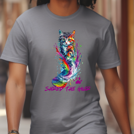 Shred the Gnar Snowboard Cat Graphic Tee, Winter Cat Art Gift   -  Cool Cats Unisex Heavy Cotton Tee T-Shirt