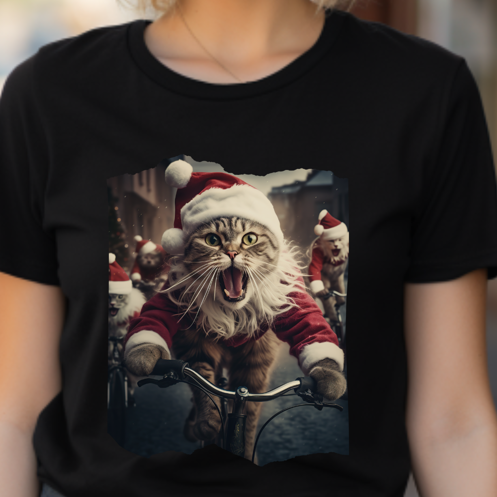 Screaming Cats on Bikes Holiday Christmas Cat Shirt, Cat Lover's Graphic Tee Graphic Unisex T- Shirt, T-Shirt Cat Lovers Gift  Softstyle T-Shirt Tee  Christmas JumperTeeshirt Stylized Cat