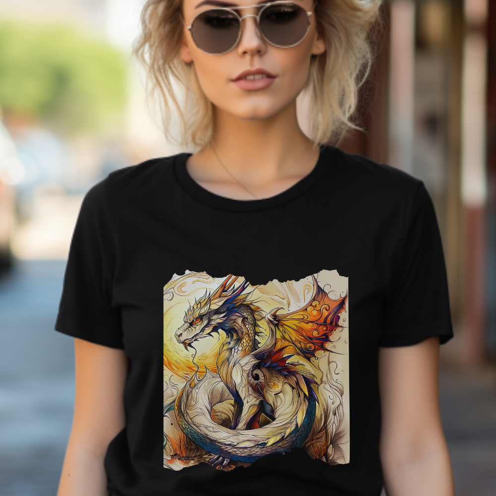 Dragons Yellow Sun Graphic Tee - Dragons and Ancestors -  Dragon Lovers Unisex Heavy Cotton Tee T-Shirt