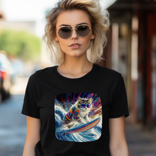 Rip Girl Surfing Surfer Cat, Cat on Surfboard Graphic Tee- Water Sports Cat (V1)  Cat Art Gift   -  Cool Cats Unisex Heavy Cotton Tee T-Shirt