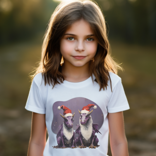 Christmas Dragons,  Unisex, Kids Heavy Cotton™ Tee, T-Shirt, Boys Girls Teeshirt, Purple Dragon With Santa Hat- Multi color tee