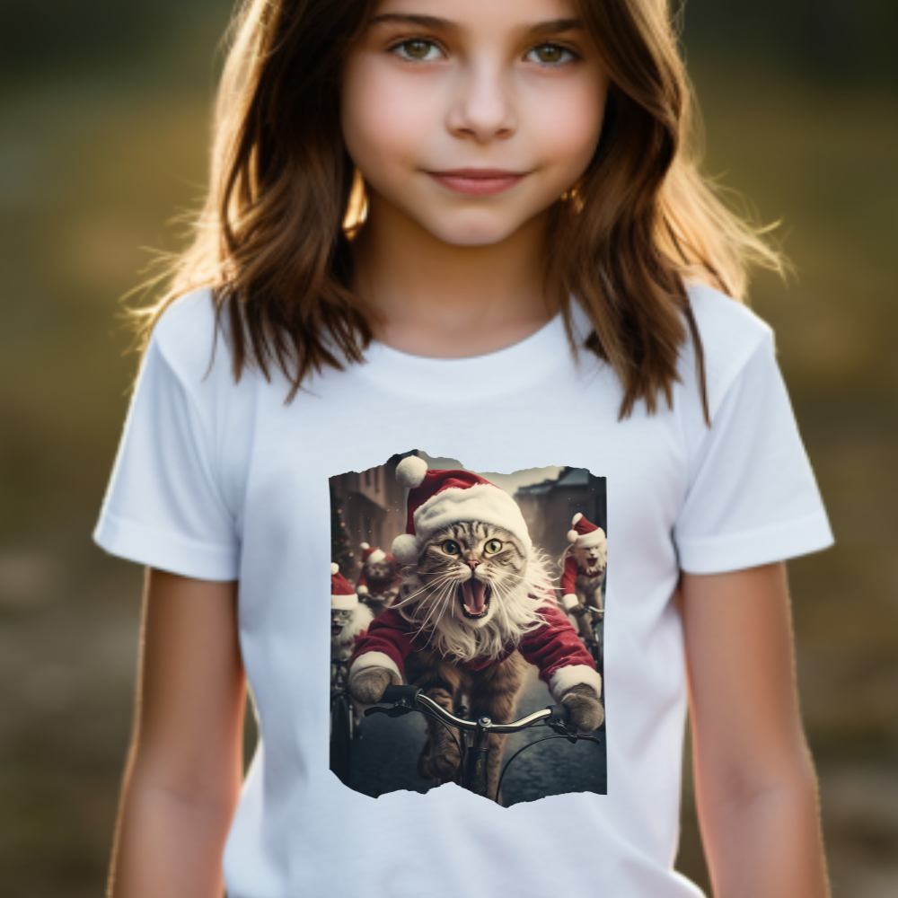 Screaming Cats on Bikes, Kids Cat Graphic Tee - Vibrant Santa Cat Design for Young Adventurers