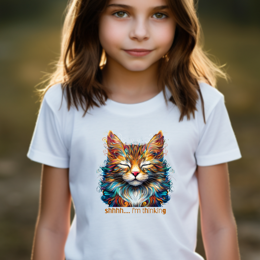 Kids - Thinking Cat Graphic Tee - Vibrant Cute Cat Design for Young Adventurers