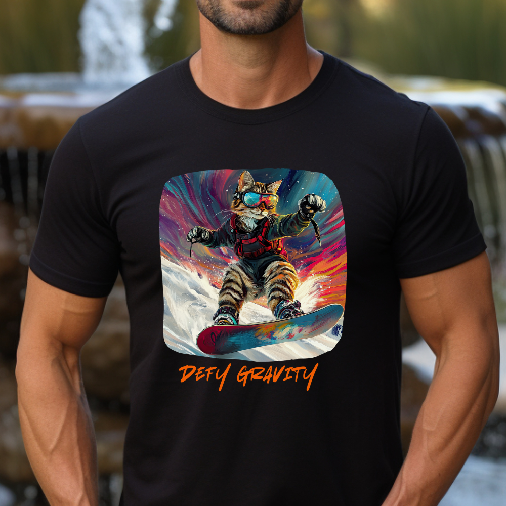 Defy Gravity Snowboard Cat Graphic Tee - Extreme Winter Sports Ski Cat Art Gift   -  Cool Cats Unisex Heavy Cotton Tee T-Shirt