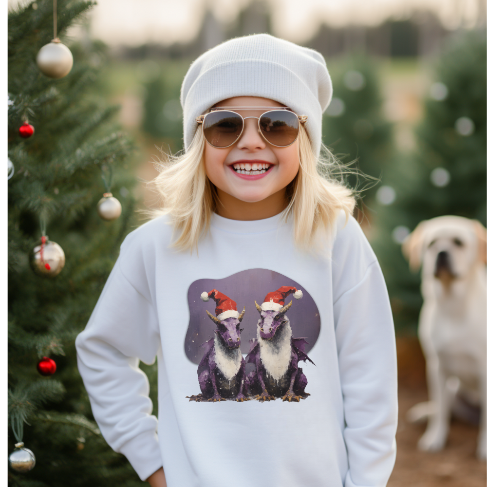 Christmas Holiday Dragons, Kids, Youth Boys Girls Crewneck Sweatshirt, Purple Dragons with Santa Hat, Long Sleeve Winter Shirt