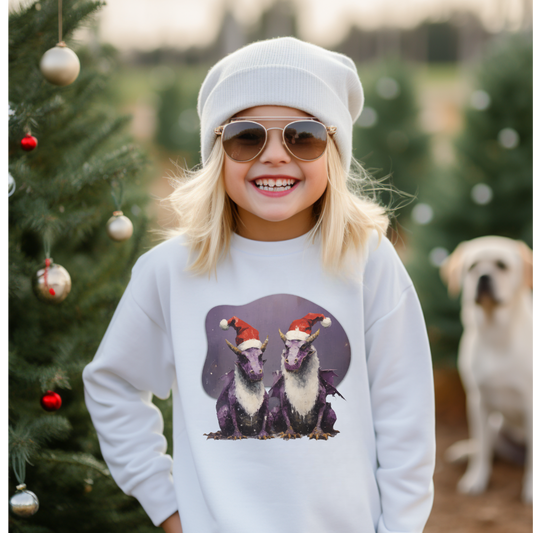 Christmas Holiday Dragons, Kids, Youth Boys Girls Crewneck Sweatshirt, Purple Dragons with Santa Hat, Long Sleeve Winter Shirt