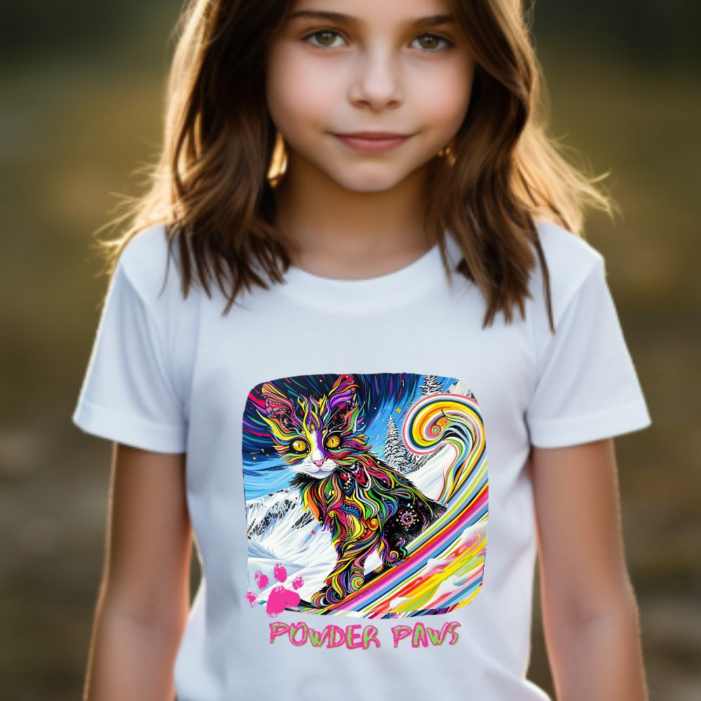 Kids - Powder Paws Skiing Cat Graphic Tee - Vibrant Ski Cat Design for Young Adventurers