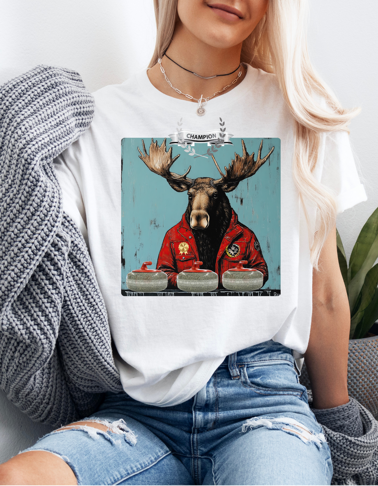 Moose Curling Champion V3- Moose Lover Unisex Heavy Cotton Tee T-Shirt