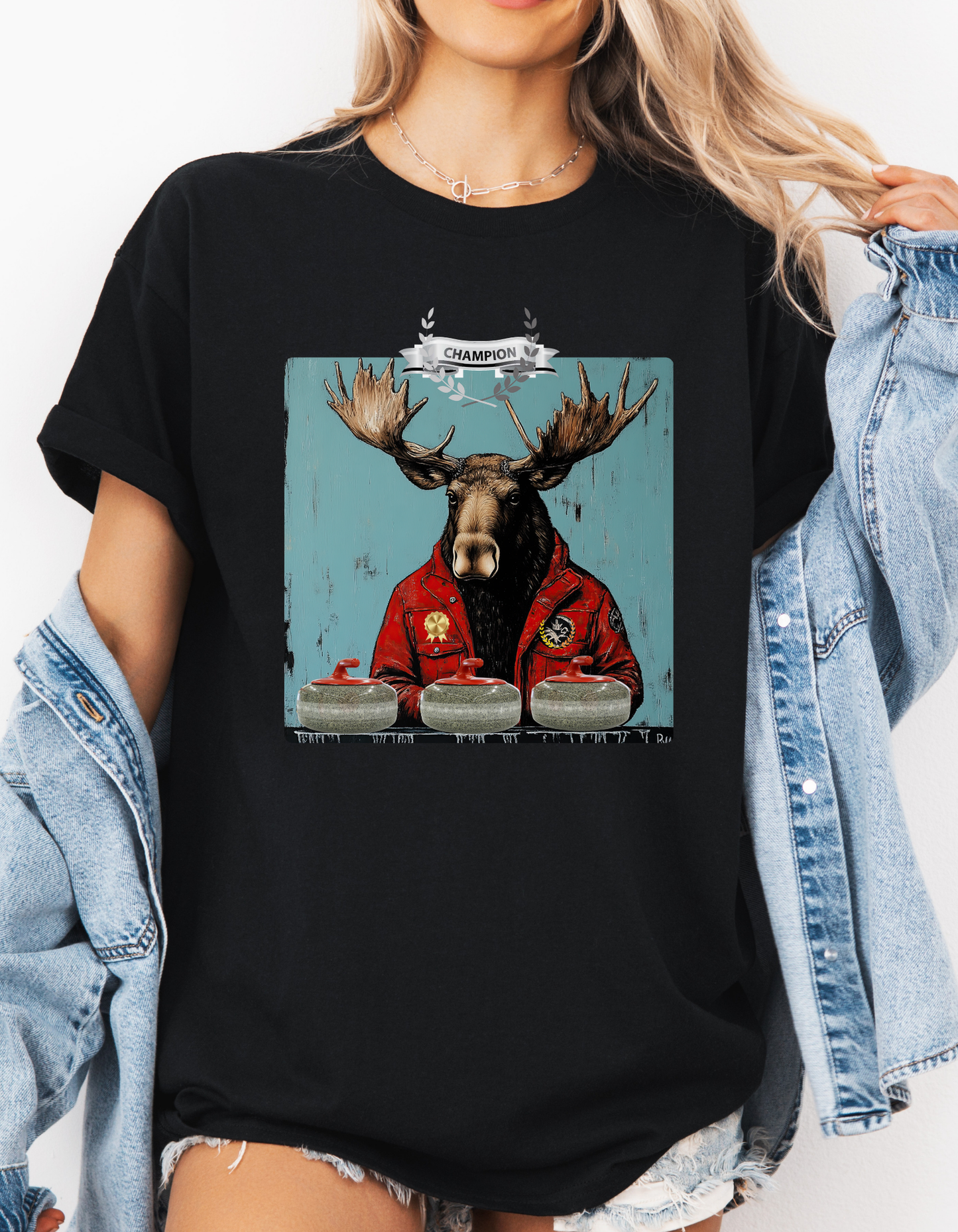 Moose Curling Champion V3- Moose Lover Unisex Heavy Cotton Tee T-Shirt