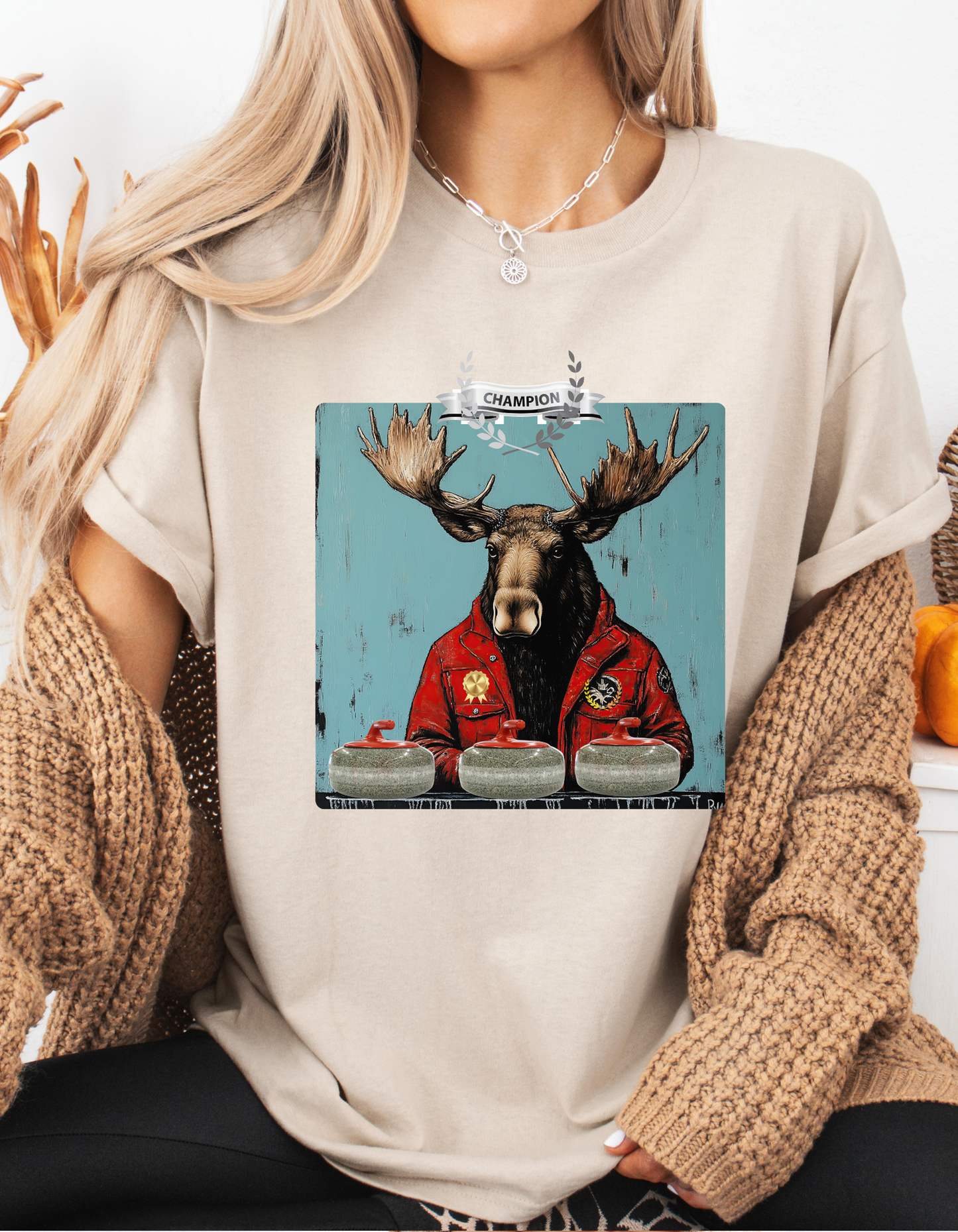 Moose Curling Champion V3- Moose Lover Unisex Heavy Cotton Tee T-Shirt