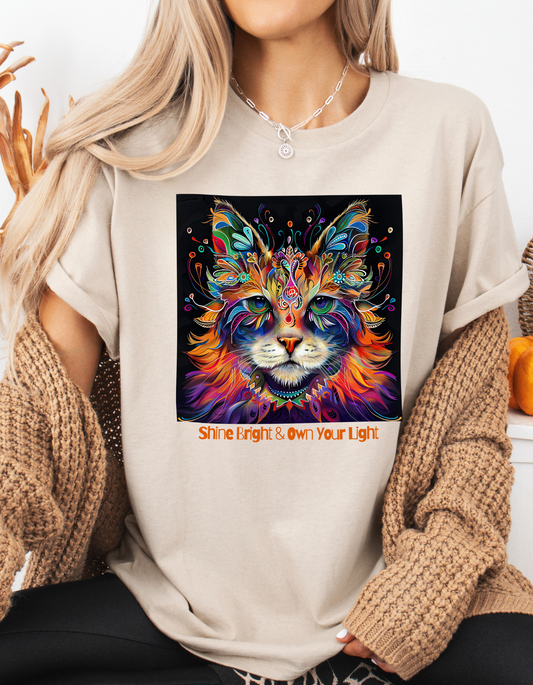 "Shine Bright and Own Your Light" Cat Shaman Graphic Cat Tee, Cat Lover's Graphic Tee Graphic Unisex T- Shirt, T-Shirt Cat Lovers Gift  Softstyle T-Shirt Tee Teeshirt Stylized Cat