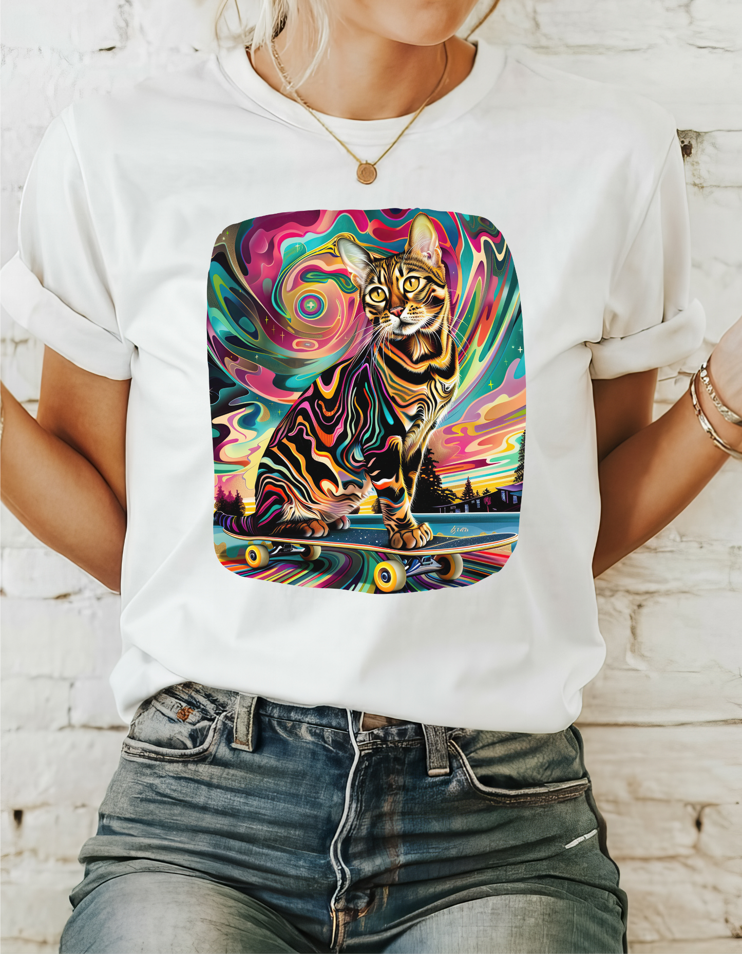 Skateboard Cat, Skater Cat Art Gift   -  Cool Cats Unisex Heavy Cotton Tee T-Shirt