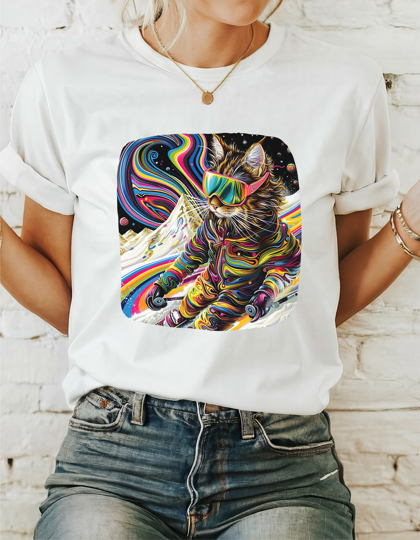 Ski Cat, Winter Sports Cat Shirt, Art Gift   -  Cool Cats Unisex Heavy Cotton Tee T-Shirt
