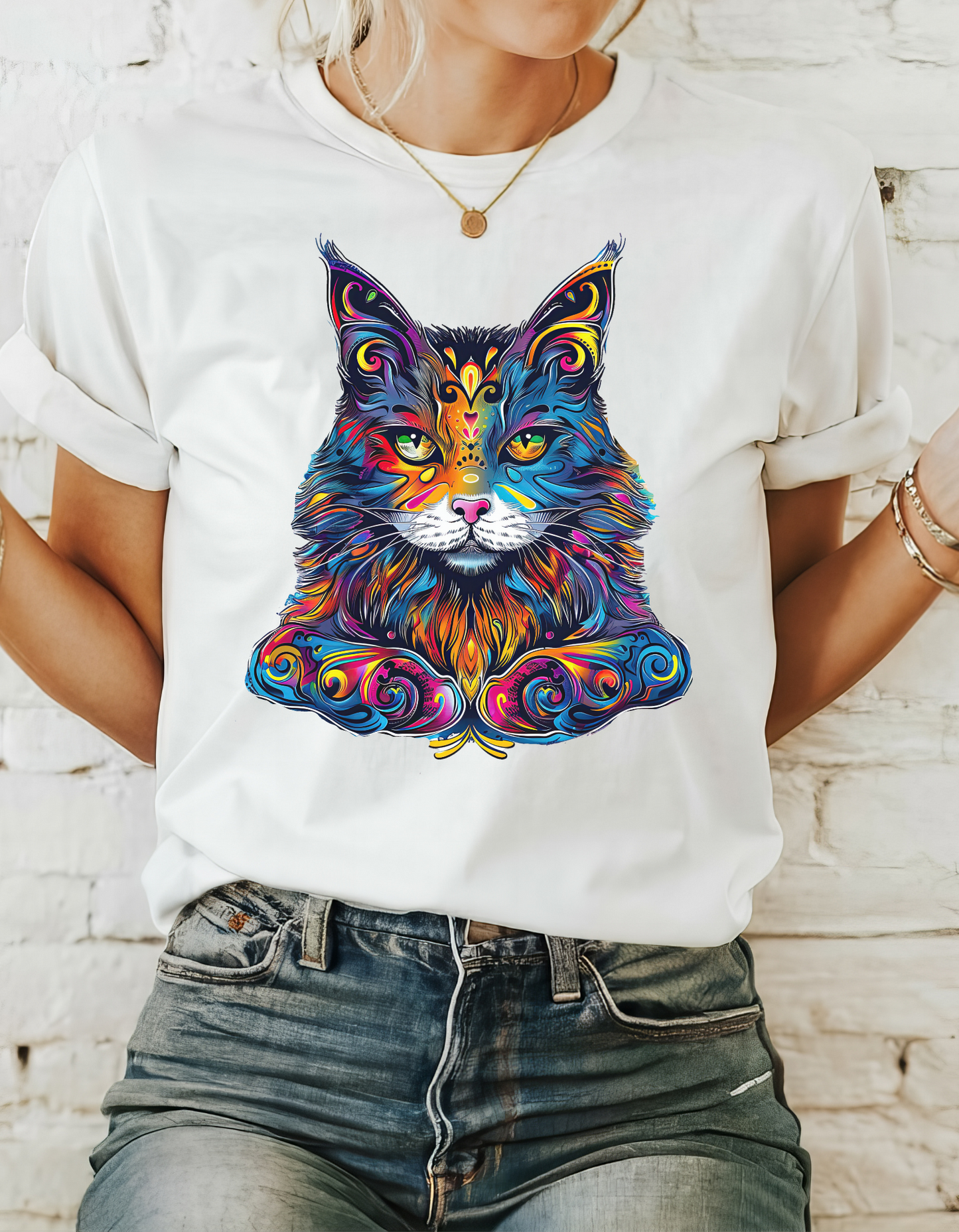 Chill Vibe Jewel Tone Cat Graphic Tee - Cat Lover TeeShirt - T-shirt    - Cat Gift Unisex Heavy Cotton Tee T-Shirt