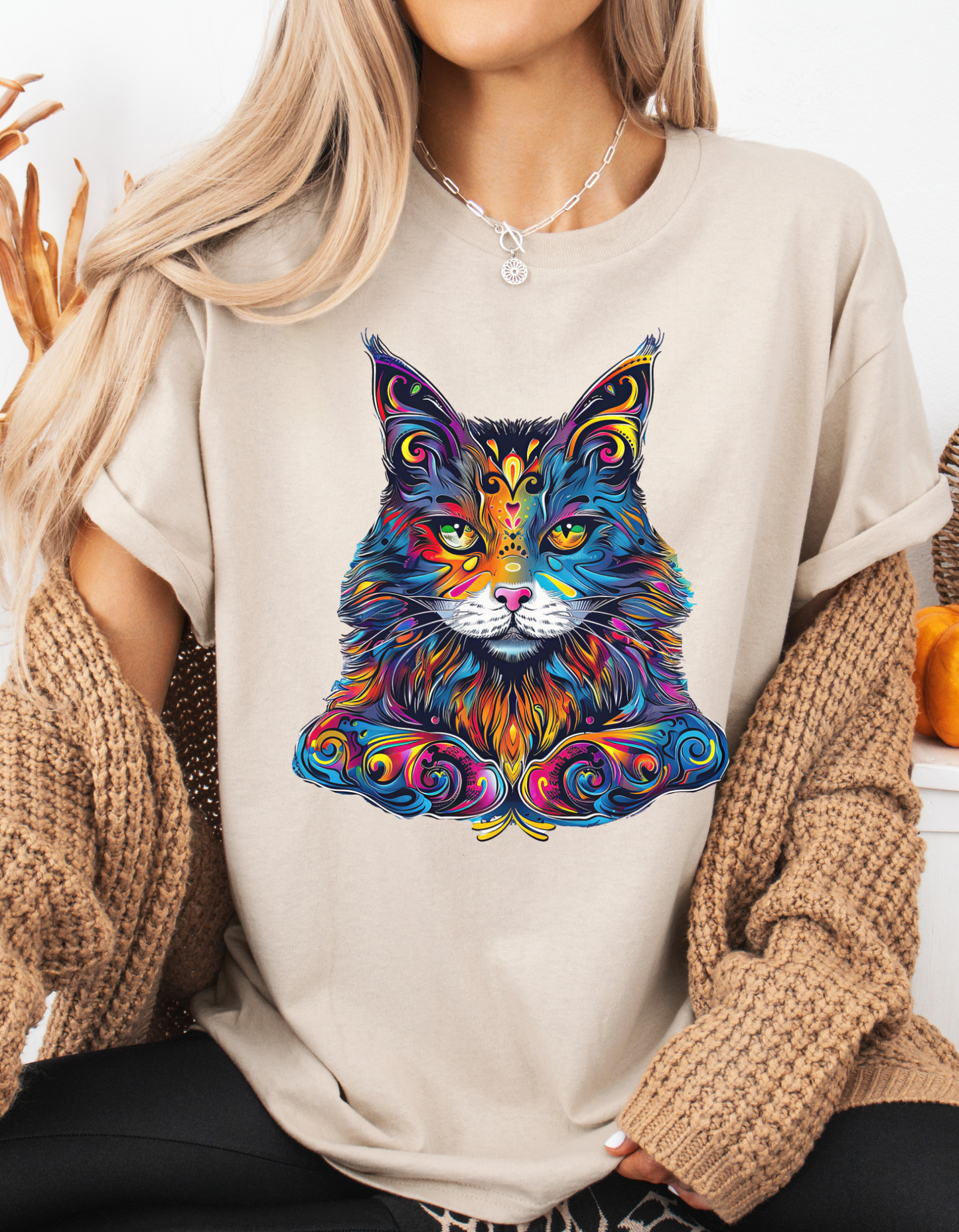 Chill Vibe Jewel Tone Cat Graphic Tee - Cat Lover TeeShirt - T-shirt    - Cat Gift Unisex Heavy Cotton Tee T-Shirt