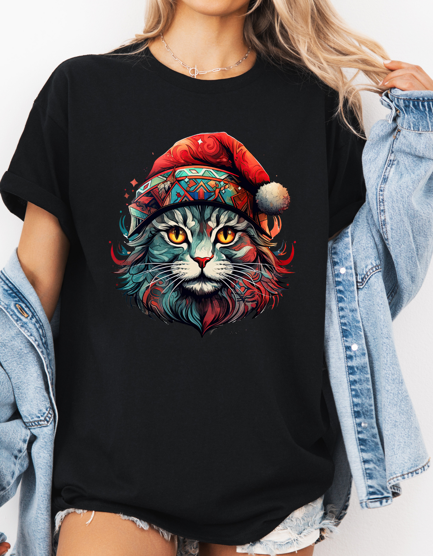 Santa Cats in Christmas Hat Holiday Christmas Cat Shirt, Cat Lover's Graphic Tee Graphic Unisex T- Shirt, T-Shirt Cat Lovers Gift  Softstyle T-Shirt Tee  Christmas JumperTeeshirt Stylized Cat