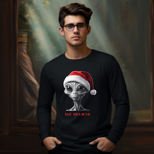 We Believe - Alien, Gray Alien, ET Grey Extraterrestrial Christmas Santa Hat Long Sleeve T-shirt "We Believe" Ultra Cotton Long Sleeve Tee T-Shirt Gift