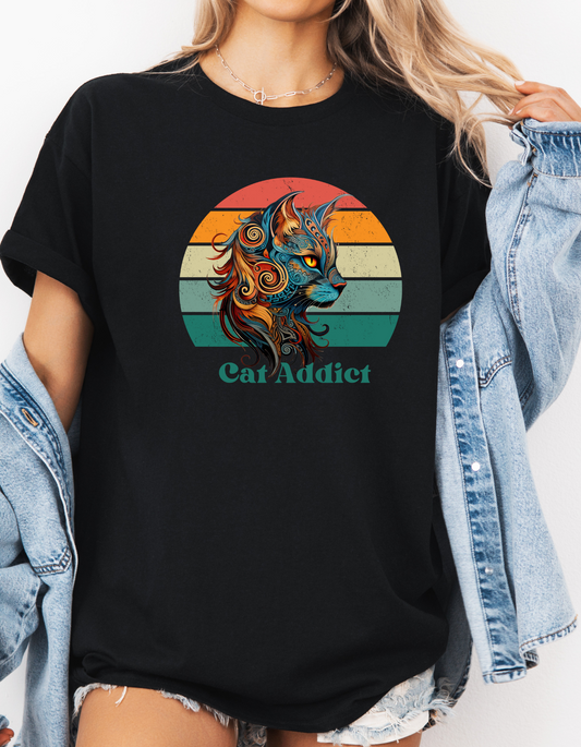 Retro Cat Addict Shirt, Cat Dad or Mom Gift, Cat Lover's Shirt, Text Reads "Cat Addict" Unisex Softstyle T-Shirt Tee Teeshirt - 60's 70s Style shirt