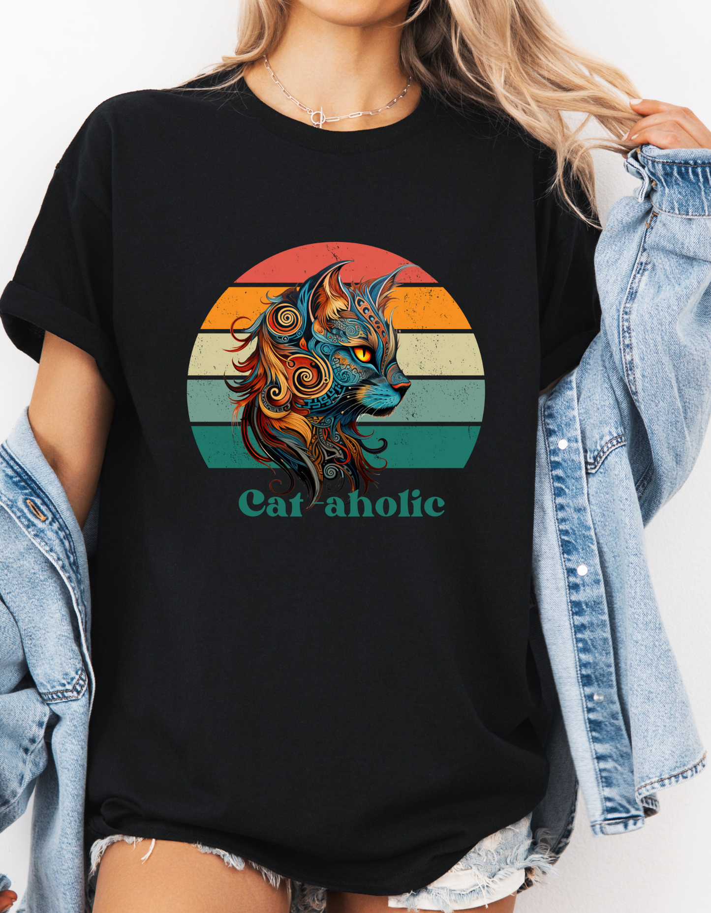 Retro Cat-aholoic Cat Shirt, Cat Lover's Graphic T-shirt, Boho retro Gift  Unisex Tee Shirt, T-Shirt Cat Lovers Gift  Softstyle T-Shirt Tee Teeshirt 60s 70s