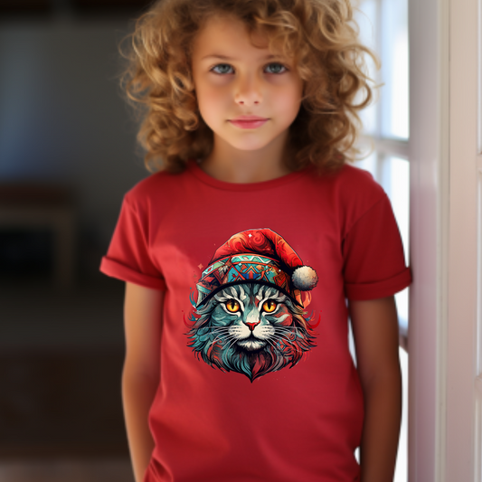 Cat with Santa Hat, Kids Cat Graphic Tee - Adorable Santa Cat Design for Young Cat Lovers