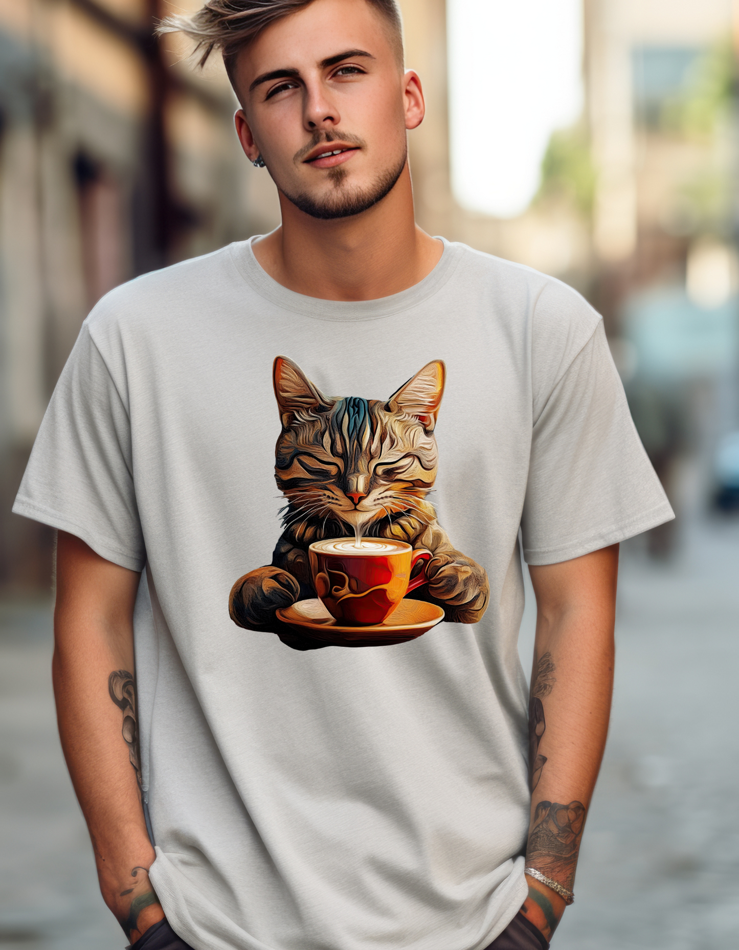 Coffee Cat - (V3)  Cats and Coffee , Tea Shirt - T-shirt Coffee Lover   - Cat Lover Unisex Heavy Cotton Tee T-Shirt