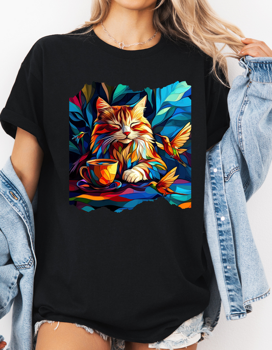 Coffee Cat - (V4)  Cats and Coffee , Tea Shirt - T-shirt Coffee Lover   - Cat Lover Unisex Heavy Cotton Tee T-Shirt