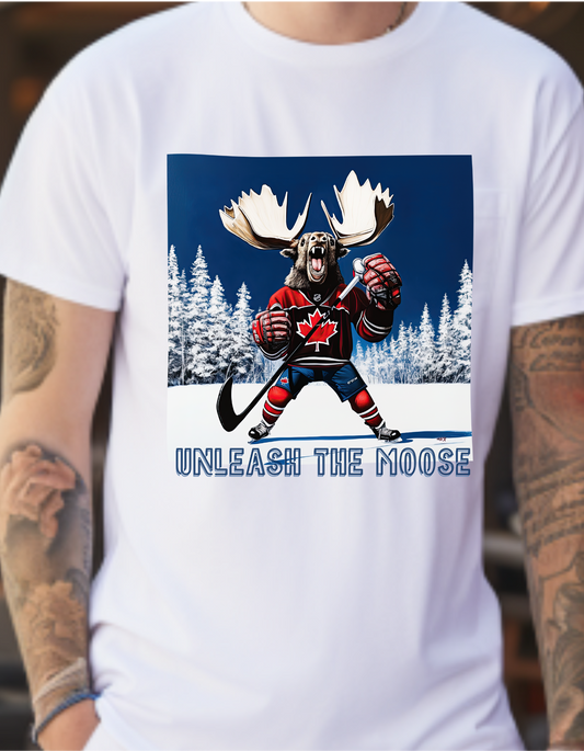 "Unleash the Moose" Hockey Player  Moose - Moose Lover Hockey Graphic Tee Unisex Heavy Cotton Tee T-Shirt