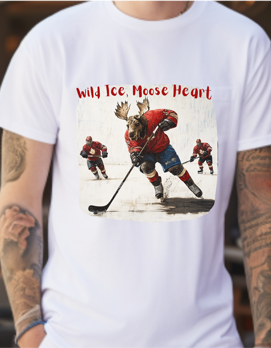 "Wild Ice, Moose Heart" Hockey Player  Moose - Moose Lover Hockey Graphic Tee Unisex Heavy Cotton Tee T-Shirt